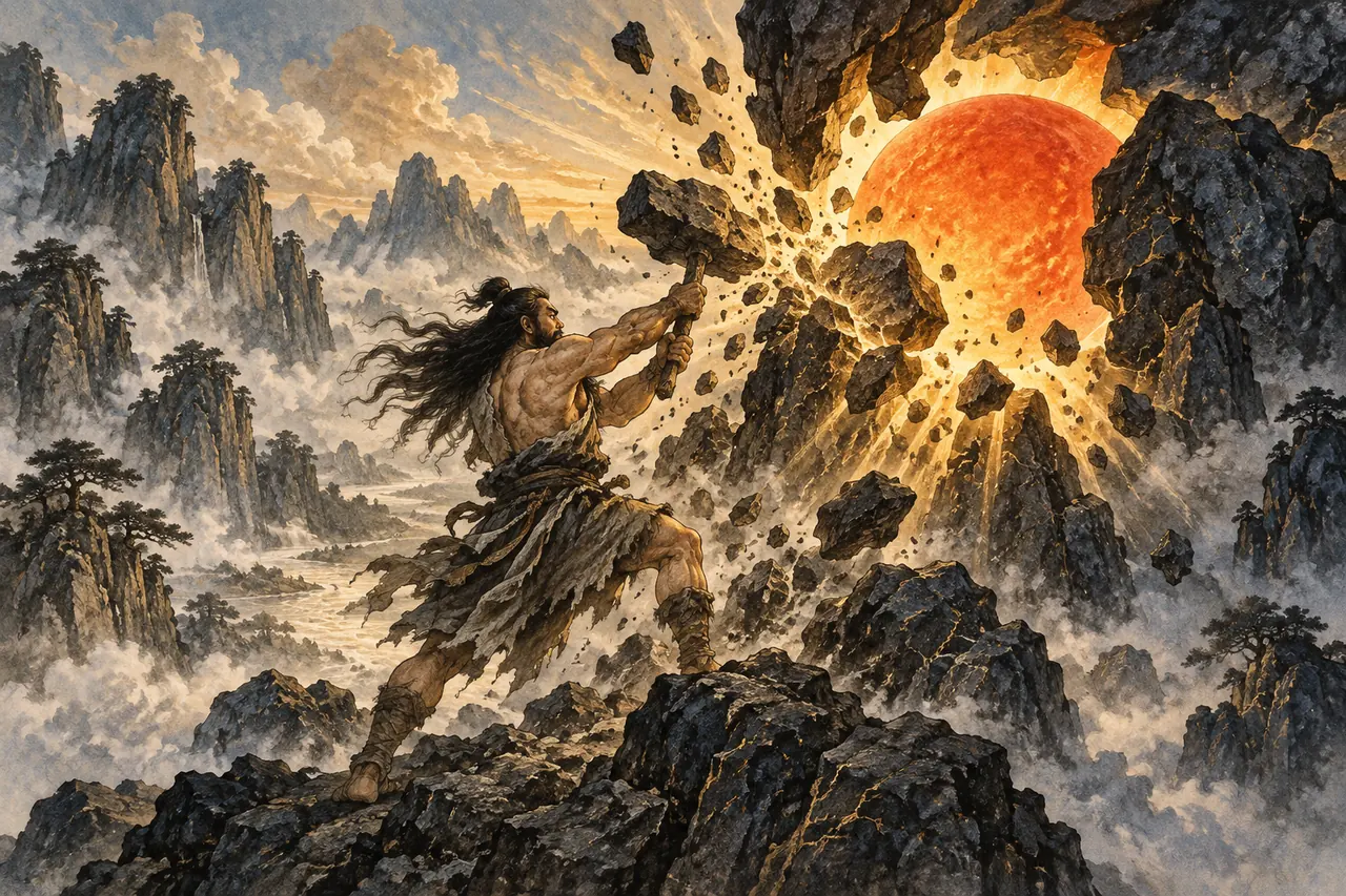 Pangu breaking open a mountain to release the sun