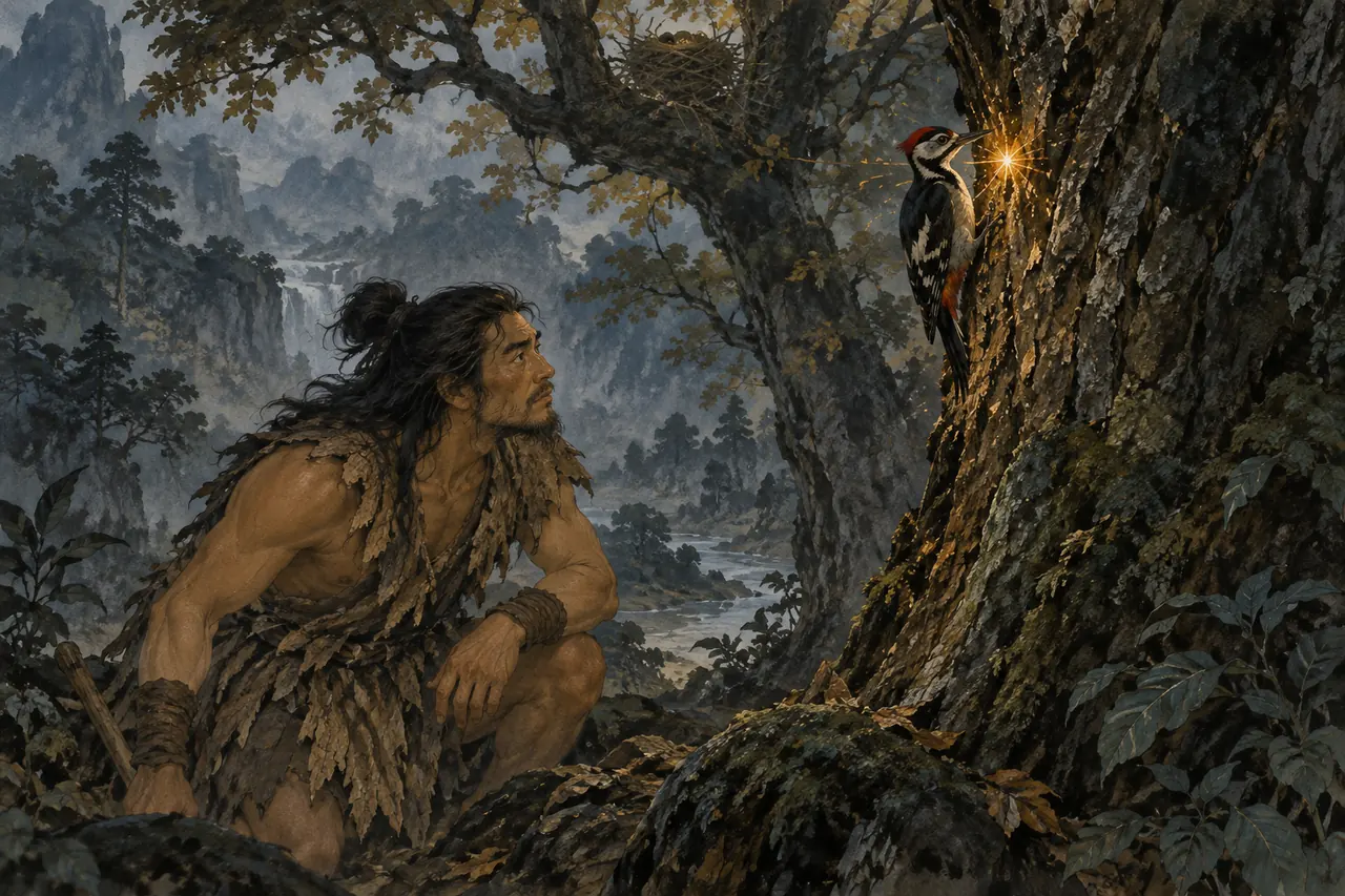 Suiren watches a woodpecker strike sparks from a tree