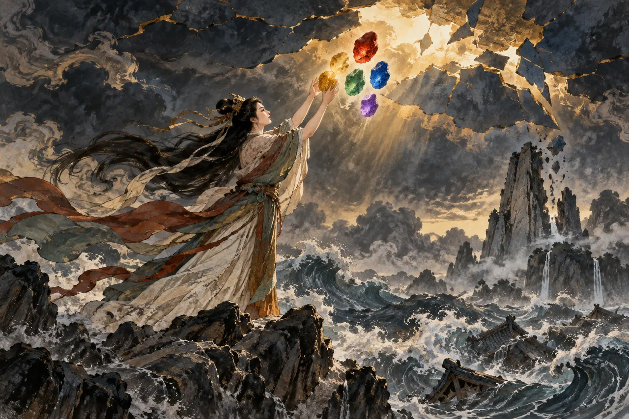 Nüwa raises five colored stones to repair the broken sky
