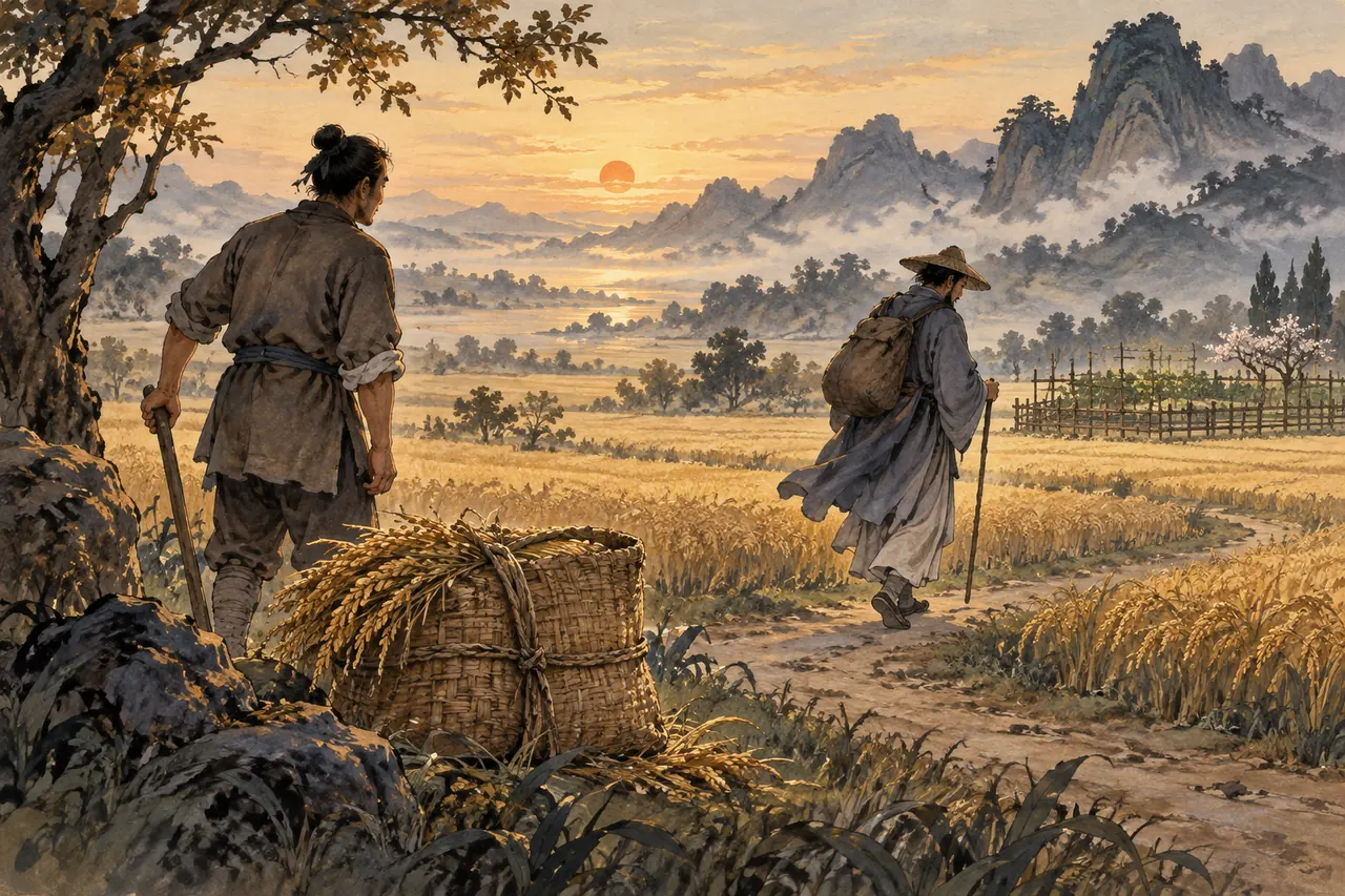 A farmer leaves spare grain in an unguarded field during a golden age