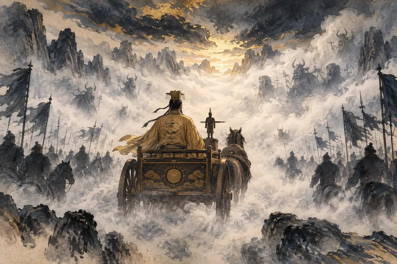Huangdi rides a south-pointing chariot into Chiyou's battle fog
