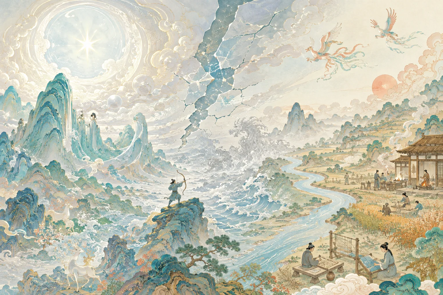A visual journey from Chinese creation myths through heroic repair to human civilization
