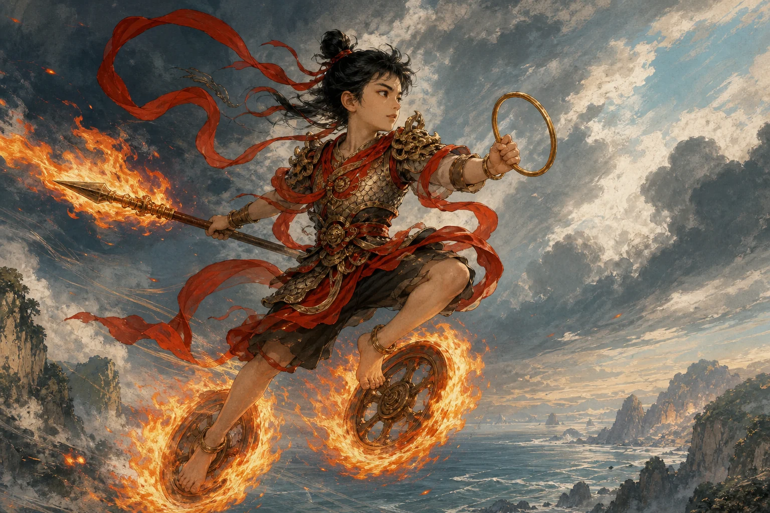 Nezha riding on wind-fire wheels