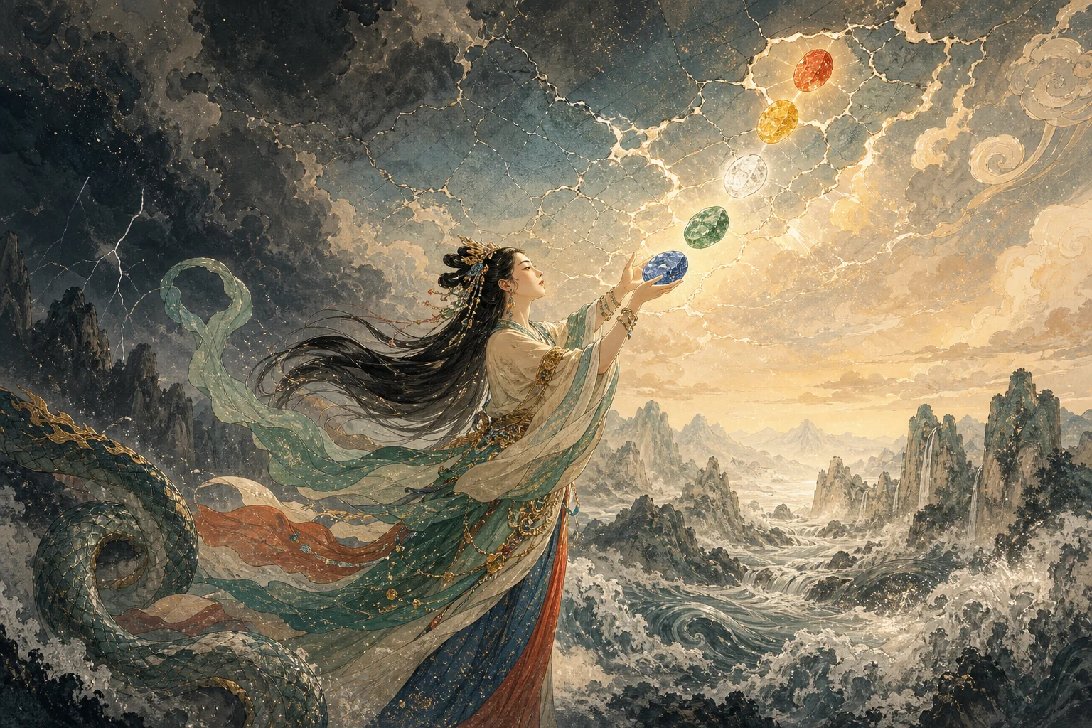 Nüwa raising luminous stones toward a fractured sky above floodwaters