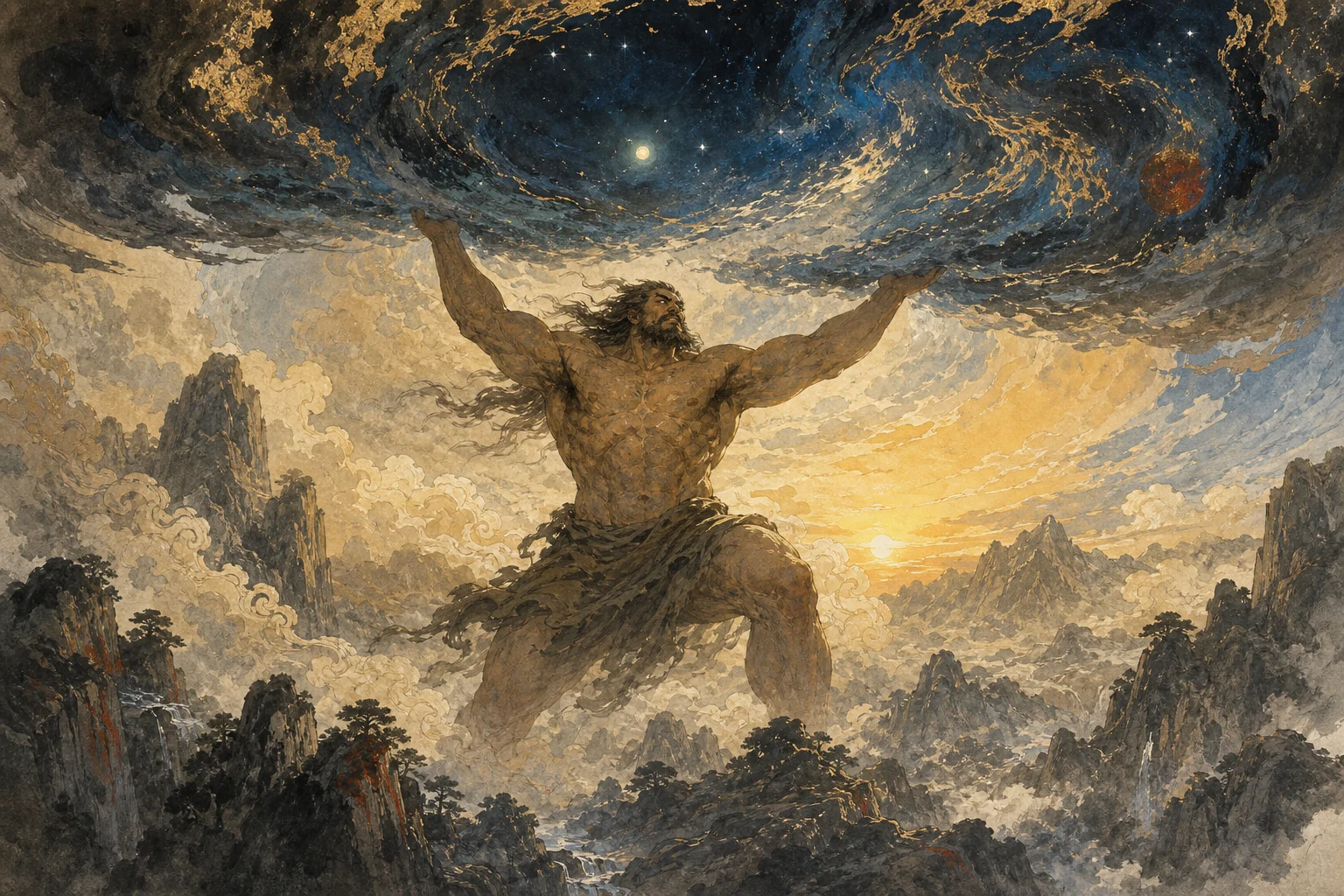 Pangu holding apart the star-filled sky above a mountain landscape